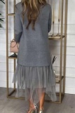 Brown Slit Turtleneck Long Sleeve Blouses and Gauze Layered Skirts Fall Winter Two Piece Dress Sets