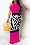 Pink Striped Sleeveless O Neck Floor Length Causal Outing Halter Bocycon Maxi Dress