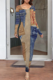 Dark Blue Faux Denim Print O Neck Long Sleeve Casual Outing Long Bodycon Maxi Dress