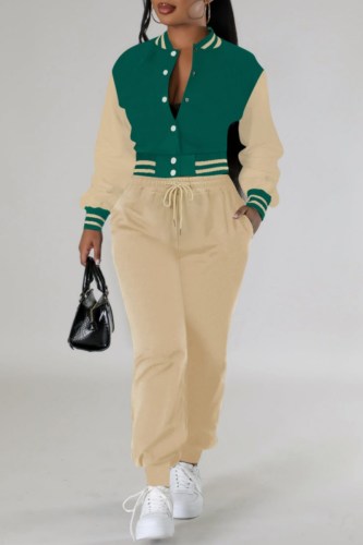 Khaki Striped Cuffs Varsity Jacket and Elastic Waist Jogger Pants Casual Two Piece Tracksuit Athletic Set
