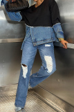Grey Casual Contrast Round Neck Long Sleeve Slit Loose Fit Denim Tops Sweatshirts