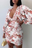 Green Deep V Neck Lantern Sleeve Vacation Casual Outing Bodycon Floral Mini Dress