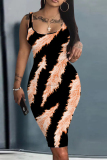 Blue Orange Graphic Print Sleeveless Backless U Neck Casual Outing Fitted Vest Midi Dress