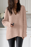 Pink Casual Weave V Neck Long Sleeve Loose Fit Knitted Fall Winter Sweater Tops Blouses