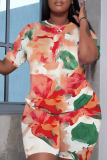 Pink Casual Butterfly Floral Print Round Neck Short Sleeve T-shirt and Skinny Shorts Two Pieces Matching Sets