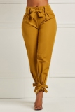 Green Casual Pocket High Waist Belted Bow Knot Pencil Trousers Pants