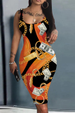 Orange White Graphic Print Sleeveless U Neck Casual Outing Bodycon Vest Midi Dress