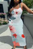 Red Floral Print Sleeveless Backless Spaghetti Strap Casual Outing Vacation Bodycon Long Maxi Dress