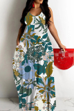 Blue Floral Print Sleeveless Backless Spaghetti Strap Floor Length Causal Outing Vacation Straight Loose Maxi Dress