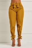 Green Casual Pocket High Waist Belted Bow Knot Pencil Trousers Pants