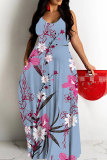 Blue Floral Print Sleeveless Backless Spaghetti Strap Floor Length Causal Outing Vacation Straight Loose Maxi Dress