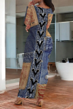 Dark Blue Faux Denim Print O Neck Long Sleeve Casual Outing Long Bodycon Maxi Dress