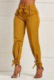 Green Casual Pocket High Waist Belted Bow Knot Pencil Trousers Pants
