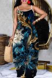Navy Blue Graphic Print Sleeveless Backless Spaghetti Strap Floor Length Causal Outing Vacation Straight Loose Maxi Dress