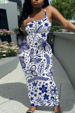 White Grey Floral Print Sleeveless Backless Spaghetti Strap Casual Outing Vacation Bodycon Long Maxi Dress
