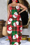 Apricot Christmas Print Sleeveless Backless Spaghetti Strap Floor Length Casual Outing Maxi Slip Dress