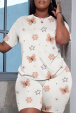 Yellow Casual Floral Print Round Neck Short Sleeve T-shirt and Skinny Shorts Two Pieces Matching Sets