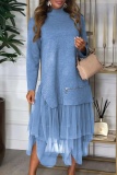 Brown Slit Turtleneck Long Sleeve Blouses and Gauze Layered Skirts Fall Winter Two Piece Dress Sets