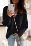 Pink Casual Weave V Neck Long Sleeve Loose Fit Knitted Fall Winter Sweater Tops Blouses