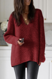 Pink Casual Weave V Neck Long Sleeve Loose Fit Knitted Fall Winter Sweater Tops Blouses