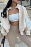 Apricot Casual Street Colorblock Zipper Contrast Mandarin Collar Long Sleeve Outerwear Fall Winter Short Jackets Coats