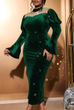 Green Half A Turtleneck Beading Decor Flare Sleeve Bodycon Cocktail Party Maxi Wedding Guest Dresses