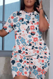 Yellow Casual Floral Print Round Neck Short Sleeve T-shirt and Skinny Shorts Two Pieces Matching Sets