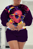 Tangerine Casual Figure Print Round Neck Long Sleeve Sweatshirts and Shorts Two Pieces Matching Sets