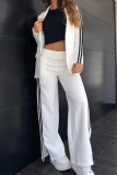 Black Offcie Lady Business Casual Turn-back Collar Long Sleeve Blazer and Stripe Slit Wide Leg Pants Two Pieces Matching Sets