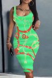 Orange White Graphic Print Sleeveless U Neck Casual Outing Bodycon Vest Midi Dress