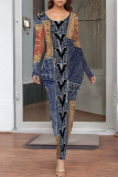 Dark Blue Faux Denim Print O Neck Long Sleeve Casual Outing Long Bodycon Maxi Dress