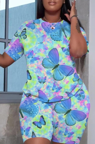 Pink Casual Butterfly Floral Print Round Neck Short Sleeve T-shirt and Skinny Shorts Two Pieces Matching Sets