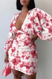 Green Deep V Neck Lantern Sleeve Vacation Casual Outing Bodycon Floral Mini Dress
