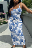 White Grey Floral Print Sleeveless Backless Spaghetti Strap Casual Outing Vacation Bodycon Long Maxi Dress