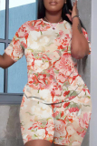 Pink Casual Butterfly Floral Print Round Neck Short Sleeve T-shirt and Skinny Shorts Two Pieces Matching Sets