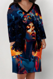 Black Blue Figure Print V Neck Long Sleeve Pocket Casual Outing Straight Loose T Shirt Dress