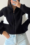 Apricot Casual Street Colorblock Zipper Contrast Mandarin Collar Long Sleeve Outerwear Fall Winter Short Jackets Coats