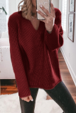 Pink Casual Weave V Neck Long Sleeve Loose Fit Knitted Fall Winter Sweater Tops Blouses