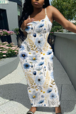 White Grey Floral Print Sleeveless Backless Spaghetti Strap Casual Outing Vacation Bodycon Long Maxi Dress