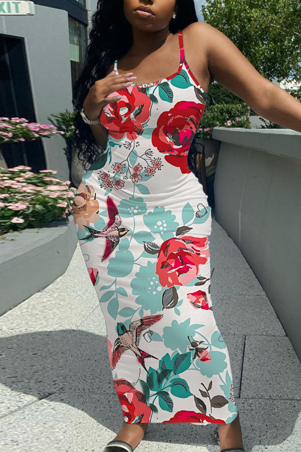 Red Floral Print Sleeveless Backless Spaghetti Strap Casual Outing Vacation Bodycon Long Maxi Dress