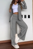Black Offcie Lady Business Casual Turn-back Collar Long Sleeve Blazer and Stripe Slit Wide Leg Pants Two Pieces Matching Sets