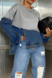 Grey Casual Contrast Round Neck Long Sleeve Slit Loose Fit Denim Tops Sweatshirts