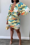Green Deep V Neck Lantern Sleeve Vacation Casual Outing Bodycon Floral Mini Dress