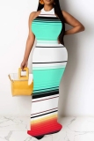 Pink Striped Sleeveless O Neck Floor Length Causal Outing Halter Bocycon Maxi Dress