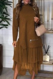 Brown Slit Turtleneck Long Sleeve Blouses and Gauze Layered Skirts Fall Winter Two Piece Dress Sets