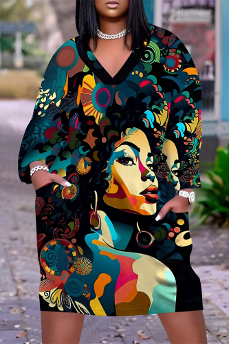 Black Blue Figure Print V Neck Long Sleeve Pocket Casual Outing Straight Loose T Shirt Dress