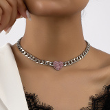 Silver Party Club Alloy Heart Shaped Pendant Rhinestone Decor Chain Necklaces