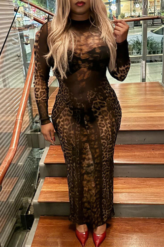 Leopard Print Sheer Maxi Dress Long Sleeve High Neck Bodycon Clubwear Gown