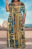 Khaki National Totem Print V Neck 3/4 Sleeve Casual Outing Loose Maxi Dress