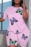 Pink Casual Butterfly Floral Print Round Neck Short Sleeve T-shirt and Skinny Shorts Two Pieces Matching Sets